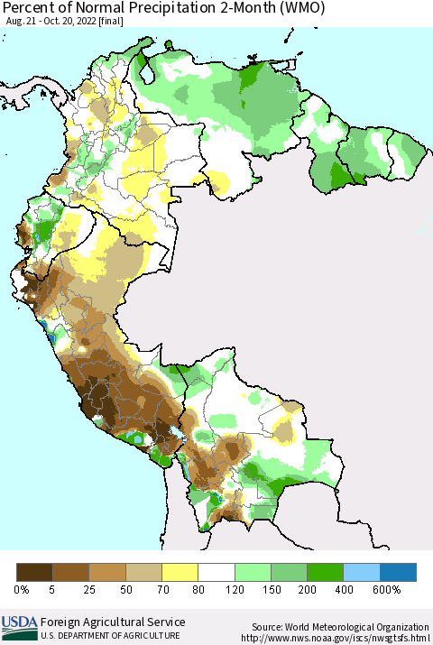 Northern South America Percent of Normal Precipitation 2-Month (WMO) Thematic Map For 8/21/2022 - 10/20/2022
