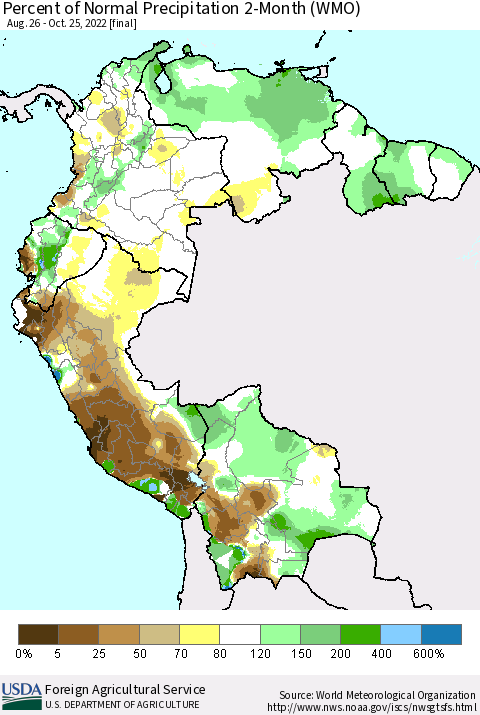 Northern South America Percent of Normal Precipitation 2-Month (WMO) Thematic Map For 8/26/2022 - 10/25/2022
