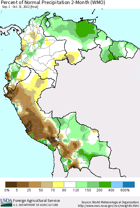 Northern South America Percent of Normal Precipitation 2-Month (WMO) Thematic Map For 9/1/2022 - 10/31/2022