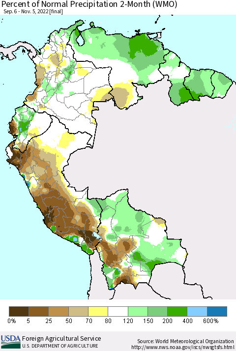 Northern South America Percent of Normal Precipitation 2-Month (WMO) Thematic Map For 9/6/2022 - 11/5/2022