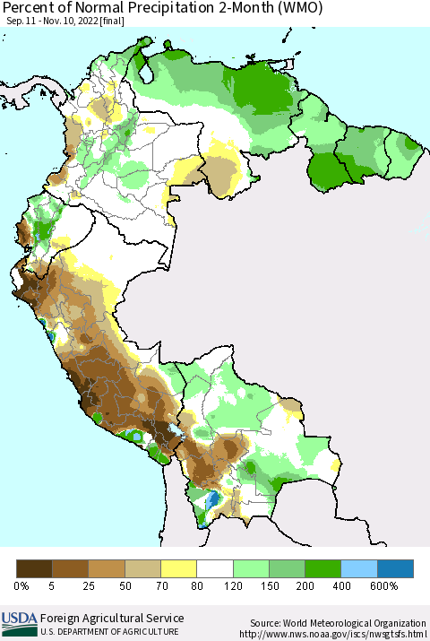 Northern South America Percent of Normal Precipitation 2-Month (WMO) Thematic Map For 9/11/2022 - 11/10/2022