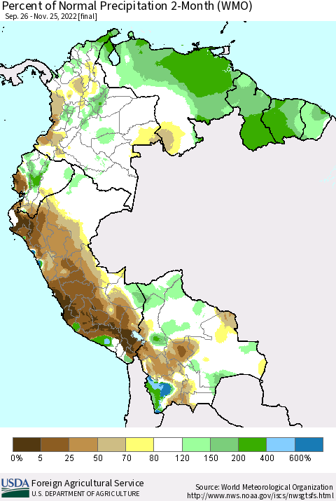 Northern South America Percent of Normal Precipitation 2-Month (WMO) Thematic Map For 9/26/2022 - 11/25/2022