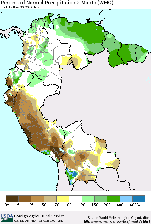 Northern South America Percent of Normal Precipitation 2-Month (WMO) Thematic Map For 10/1/2022 - 11/30/2022