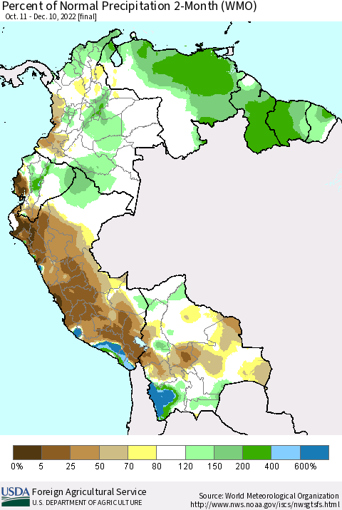 Northern South America Percent of Normal Precipitation 2-Month (WMO) Thematic Map For 10/11/2022 - 12/10/2022