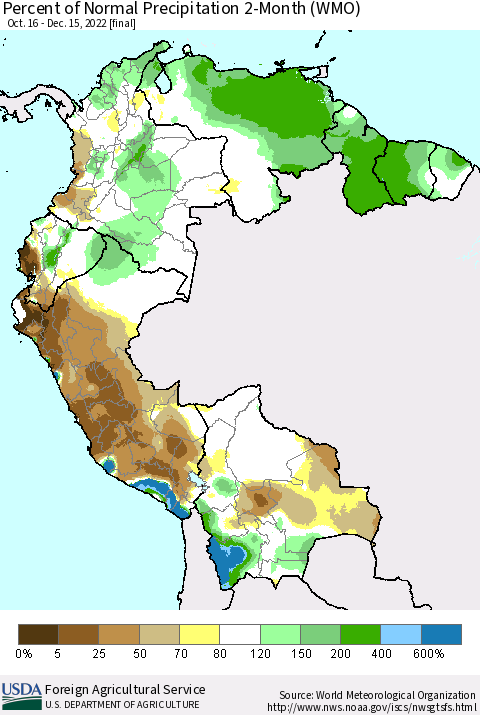 Northern South America Percent of Normal Precipitation 2-Month (WMO) Thematic Map For 10/16/2022 - 12/15/2022