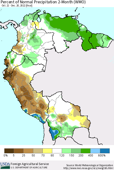 Northern South America Percent of Normal Precipitation 2-Month (WMO) Thematic Map For 10/21/2022 - 12/20/2022