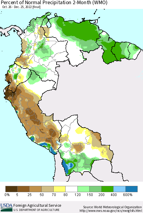 Northern South America Percent of Normal Precipitation 2-Month (WMO) Thematic Map For 10/26/2022 - 12/25/2022
