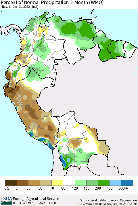 Northern South America Percent of Normal Precipitation 2-Month (WMO) Thematic Map For 11/1/2022 - 12/31/2022