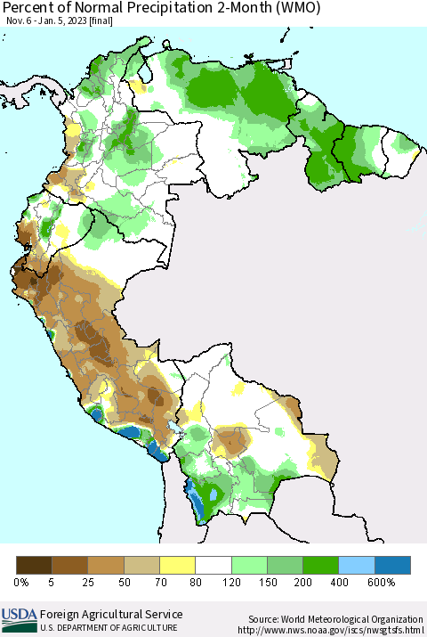 Northern South America Percent of Normal Precipitation 2-Month (WMO) Thematic Map For 11/6/2022 - 1/5/2023