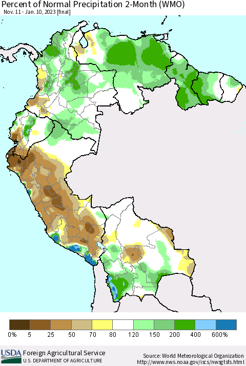 Northern South America Percent of Normal Precipitation 2-Month (WMO) Thematic Map For 11/11/2022 - 1/10/2023
