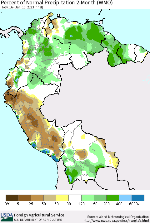 Northern South America Percent of Normal Precipitation 2-Month (WMO) Thematic Map For 11/16/2022 - 1/15/2023