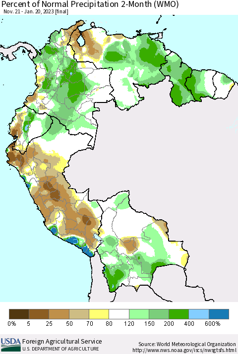 Northern South America Percent of Normal Precipitation 2-Month (WMO) Thematic Map For 11/21/2022 - 1/20/2023