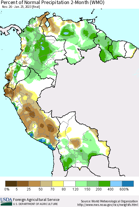 Northern South America Percent of Normal Precipitation 2-Month (WMO) Thematic Map For 11/26/2022 - 1/25/2023