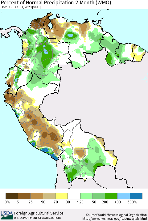 Northern South America Percent of Normal Precipitation 2-Month (WMO) Thematic Map For 12/1/2022 - 1/31/2023