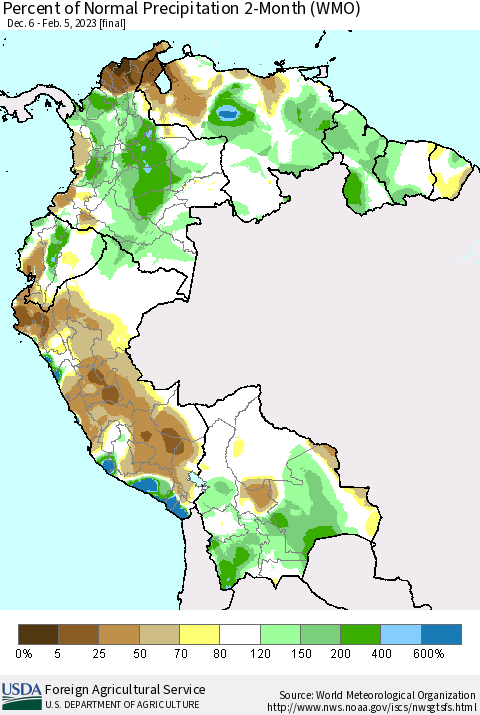 Northern South America Percent of Normal Precipitation 2-Month (WMO) Thematic Map For 12/6/2022 - 2/5/2023