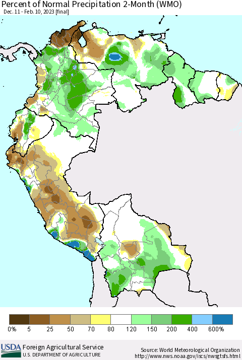 Northern South America Percent of Normal Precipitation 2-Month (WMO) Thematic Map For 12/11/2022 - 2/10/2023