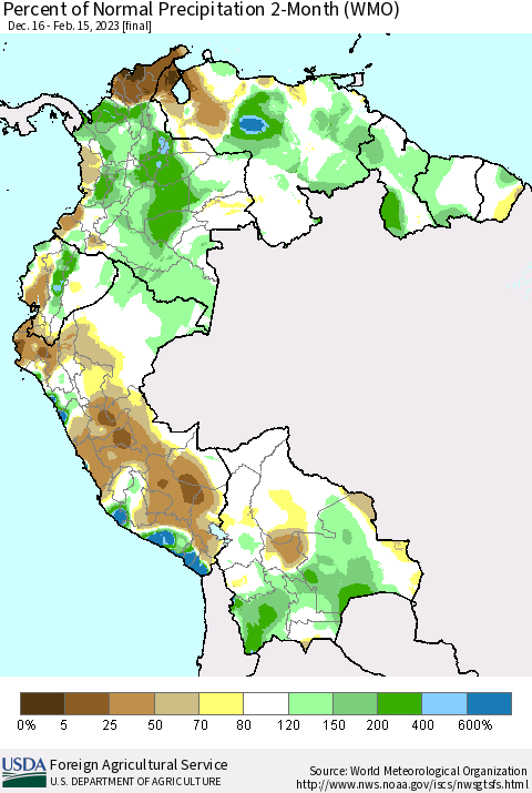 Northern South America Percent of Normal Precipitation 2-Month (WMO) Thematic Map For 12/16/2022 - 2/15/2023