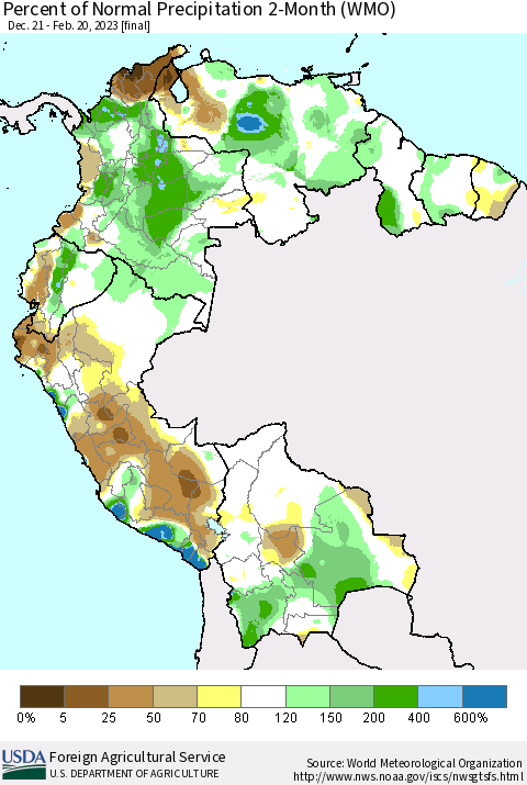 Northern South America Percent of Normal Precipitation 2-Month (WMO) Thematic Map For 12/21/2022 - 2/20/2023