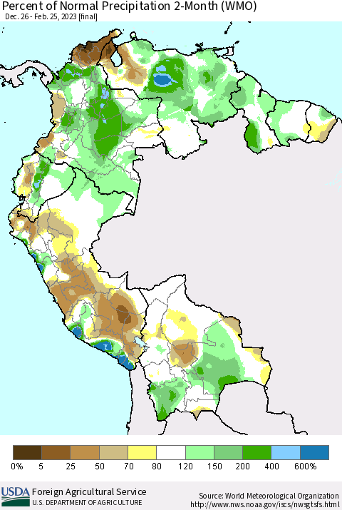 Northern South America Percent of Normal Precipitation 2-Month (WMO) Thematic Map For 12/26/2022 - 2/25/2023