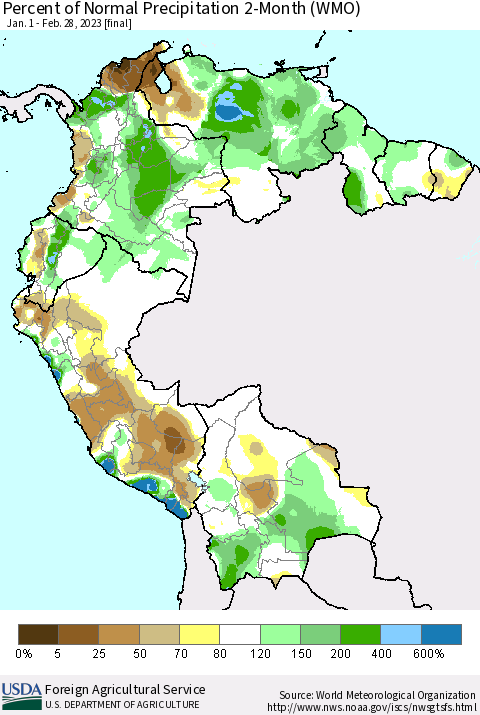 Northern South America Percent of Normal Precipitation 2-Month (WMO) Thematic Map For 1/1/2023 - 2/28/2023