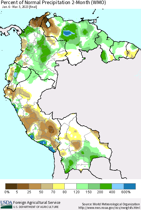 Northern South America Percent of Normal Precipitation 2-Month (WMO) Thematic Map For 1/6/2023 - 3/5/2023