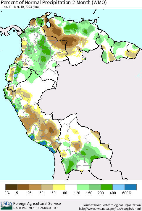 Northern South America Percent of Normal Precipitation 2-Month (WMO) Thematic Map For 1/11/2023 - 3/10/2023