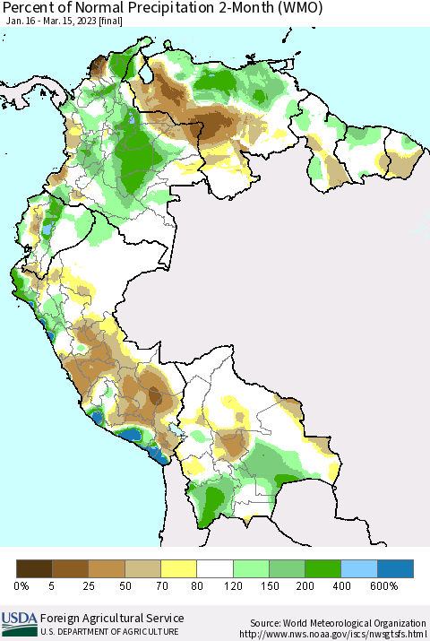 Northern South America Percent of Normal Precipitation 2-Month (WMO) Thematic Map For 1/16/2023 - 3/15/2023