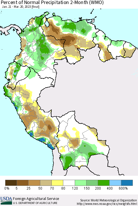 Northern South America Percent of Normal Precipitation 2-Month (WMO) Thematic Map For 1/21/2023 - 3/20/2023