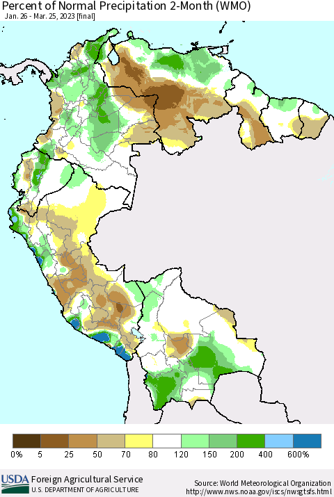 Northern South America Percent of Normal Precipitation 2-Month (WMO) Thematic Map For 1/26/2023 - 3/25/2023