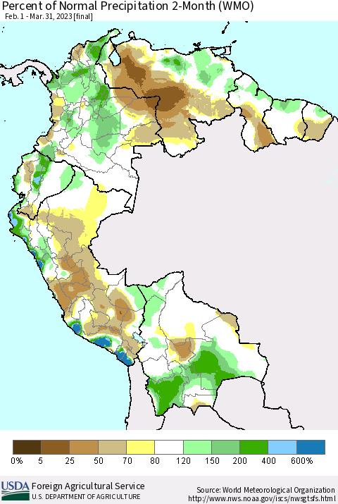 Northern South America Percent of Normal Precipitation 2-Month (WMO) Thematic Map For 2/1/2023 - 3/31/2023