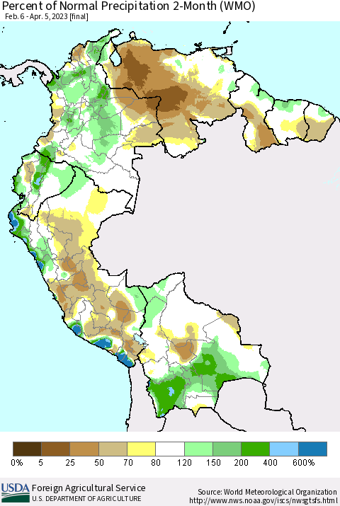 Northern South America Percent of Normal Precipitation 2-Month (WMO) Thematic Map For 2/6/2023 - 4/5/2023