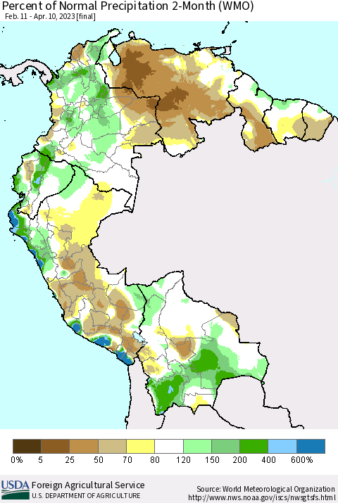 Northern South America Percent of Normal Precipitation 2-Month (WMO) Thematic Map For 2/11/2023 - 4/10/2023