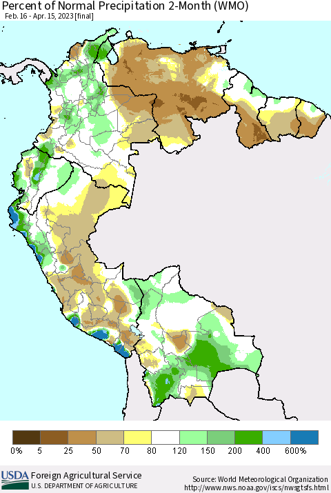 Northern South America Percent of Normal Precipitation 2-Month (WMO) Thematic Map For 2/16/2023 - 4/15/2023