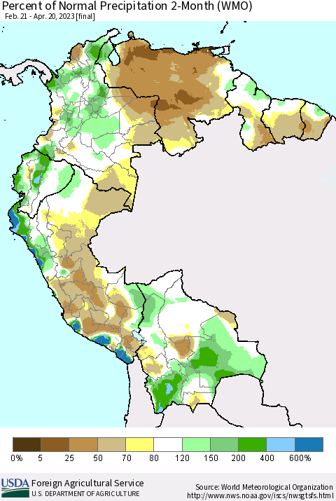 Northern South America Percent of Normal Precipitation 2-Month (WMO) Thematic Map For 2/21/2023 - 4/20/2023