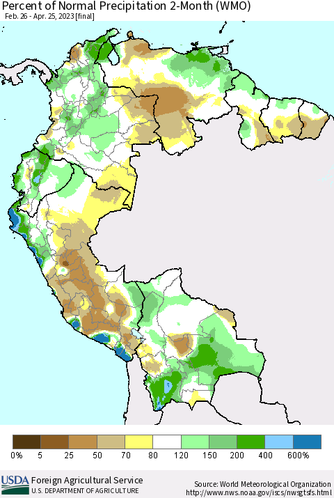 Northern South America Percent of Normal Precipitation 2-Month (WMO) Thematic Map For 2/26/2023 - 4/25/2023