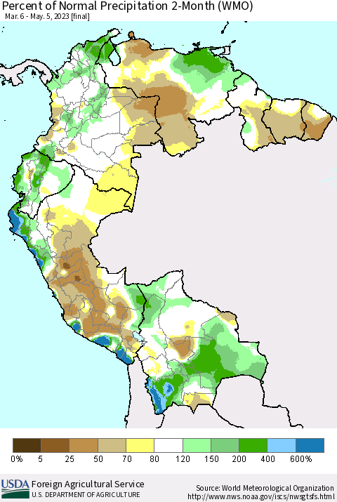 Northern South America Percent of Normal Precipitation 2-Month (WMO) Thematic Map For 3/6/2023 - 5/5/2023