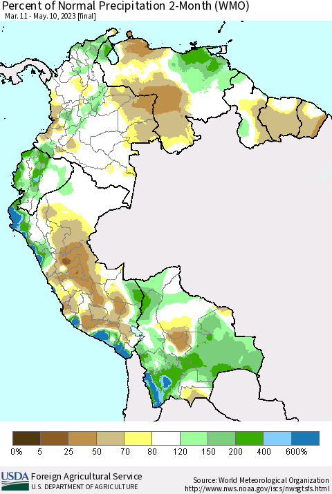 Northern South America Percent of Normal Precipitation 2-Month (WMO) Thematic Map For 3/11/2023 - 5/10/2023