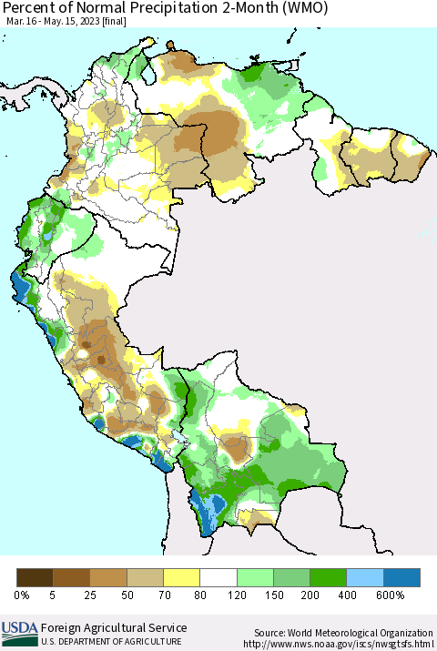 Northern South America Percent of Normal Precipitation 2-Month (WMO) Thematic Map For 3/16/2023 - 5/15/2023