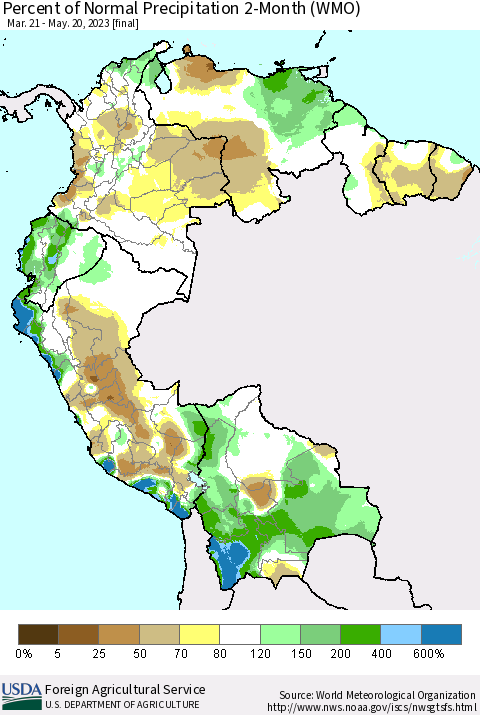Northern South America Percent of Normal Precipitation 2-Month (WMO) Thematic Map For 3/21/2023 - 5/20/2023