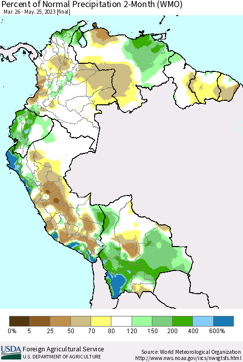 Northern South America Percent of Normal Precipitation 2-Month (WMO) Thematic Map For 3/26/2023 - 5/25/2023