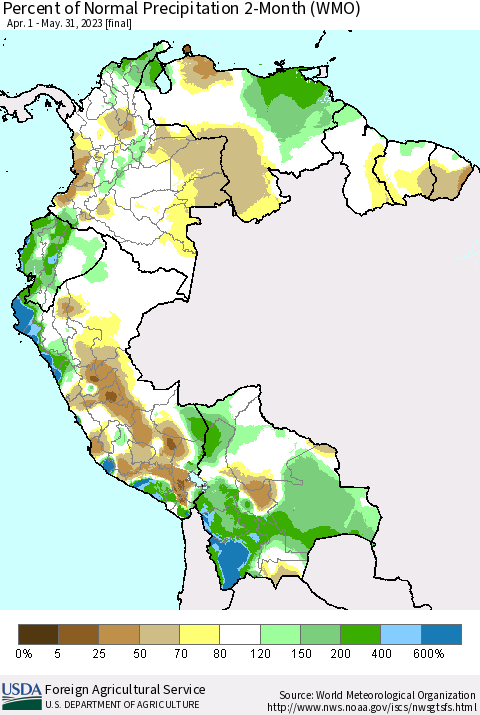 Northern South America Percent of Normal Precipitation 2-Month (WMO) Thematic Map For 4/1/2023 - 5/31/2023