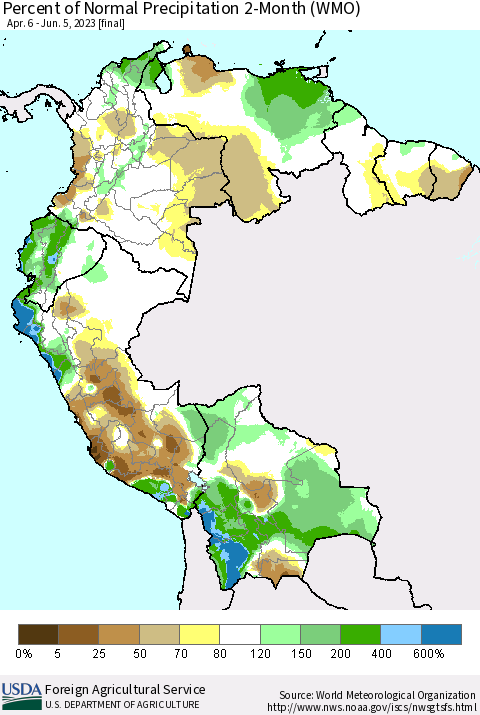Northern South America Percent of Normal Precipitation 2-Month (WMO) Thematic Map For 4/6/2023 - 6/5/2023