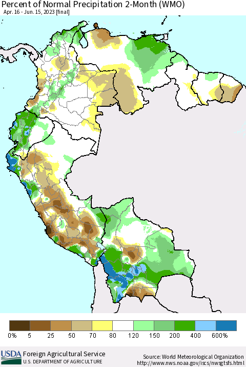 Northern South America Percent of Normal Precipitation 2-Month (WMO) Thematic Map For 4/16/2023 - 6/15/2023