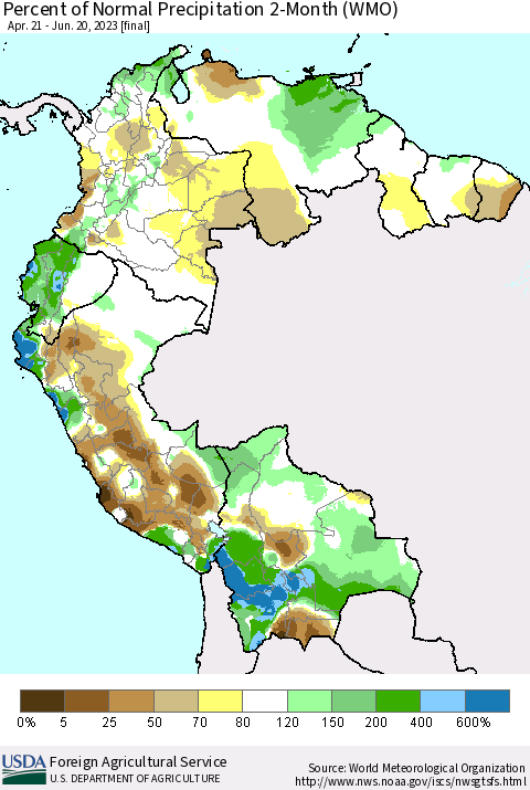 Northern South America Percent of Normal Precipitation 2-Month (WMO) Thematic Map For 4/21/2023 - 6/20/2023