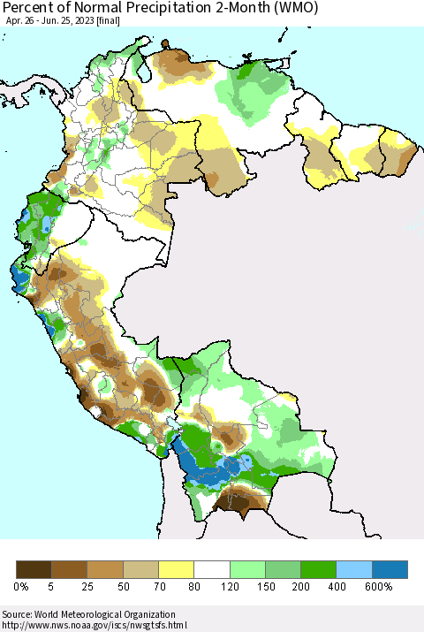 Northern South America Percent of Normal Precipitation 2-Month (WMO) Thematic Map For 4/26/2023 - 6/25/2023