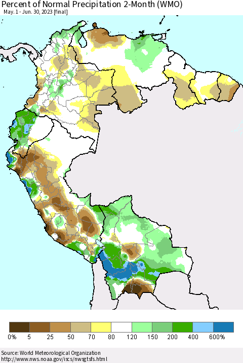 Northern South America Percent of Normal Precipitation 2-Month (WMO) Thematic Map For 5/1/2023 - 6/30/2023