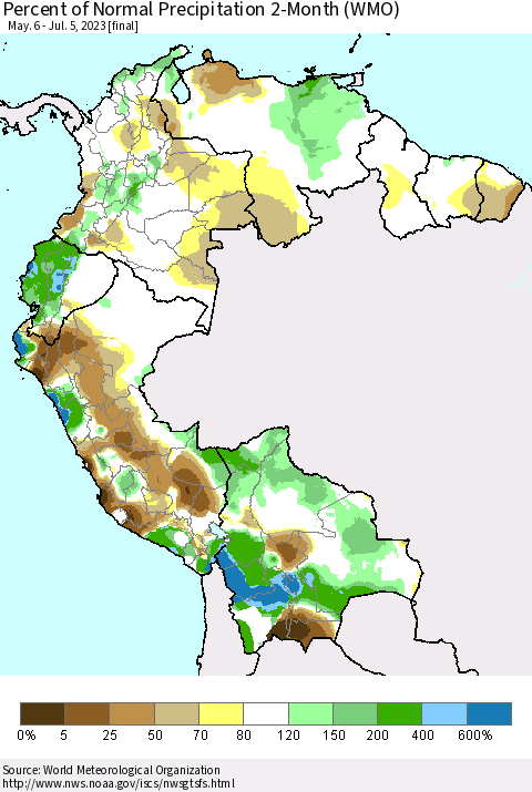 Northern South America Percent of Normal Precipitation 2-Month (WMO) Thematic Map For 5/6/2023 - 7/5/2023