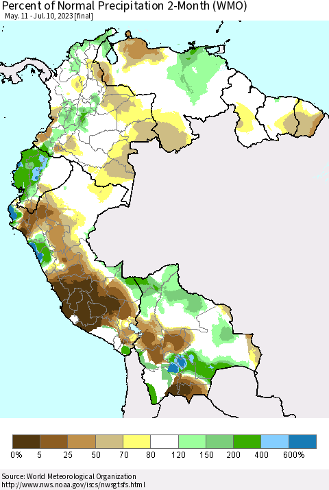 Northern South America Percent of Normal Precipitation 2-Month (WMO) Thematic Map For 5/11/2023 - 7/10/2023