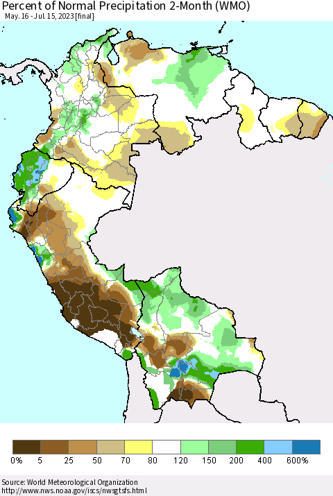 Northern South America Percent of Normal Precipitation 2-Month (WMO) Thematic Map For 5/16/2023 - 7/15/2023