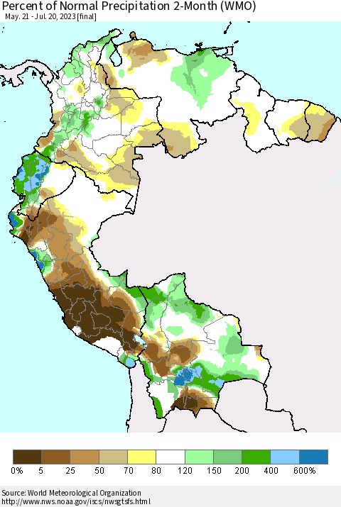 Northern South America Percent of Normal Precipitation 2-Month (WMO) Thematic Map For 5/21/2023 - 7/20/2023